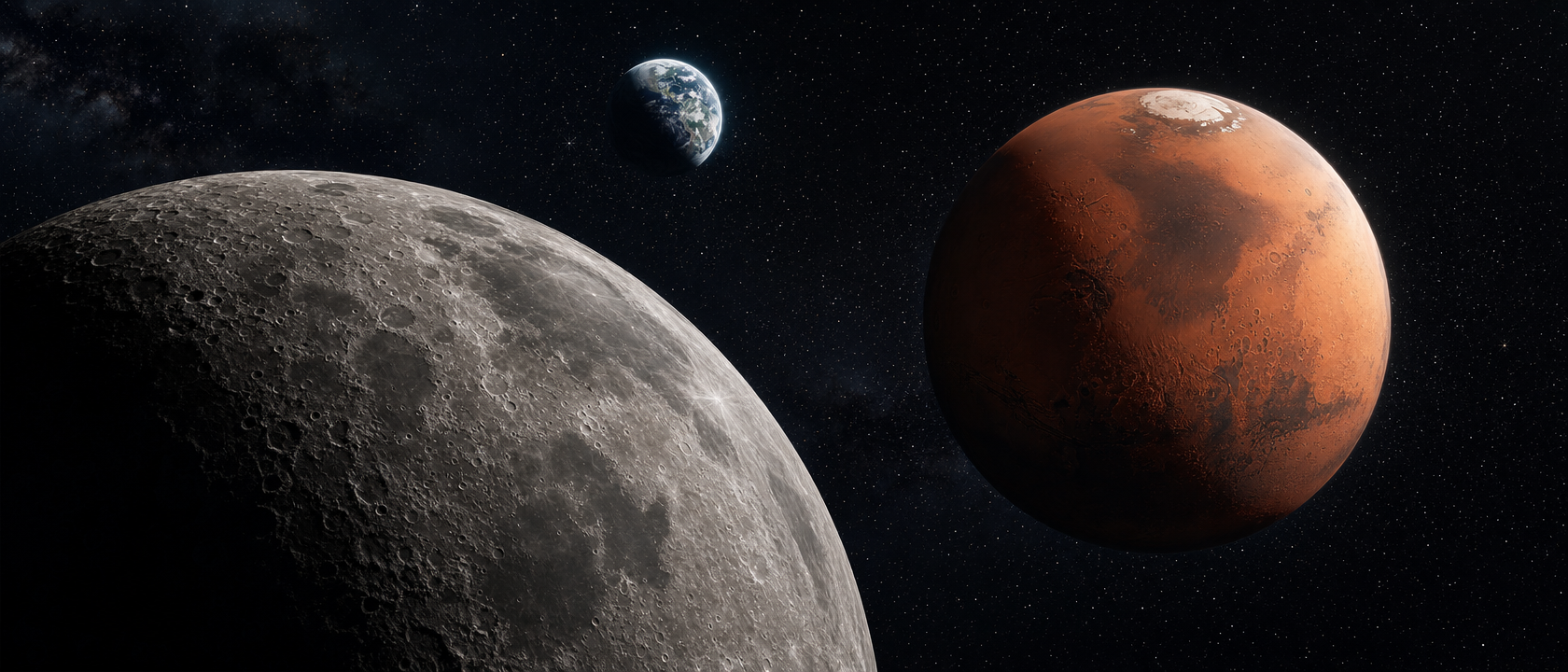 Moon and Mars in space